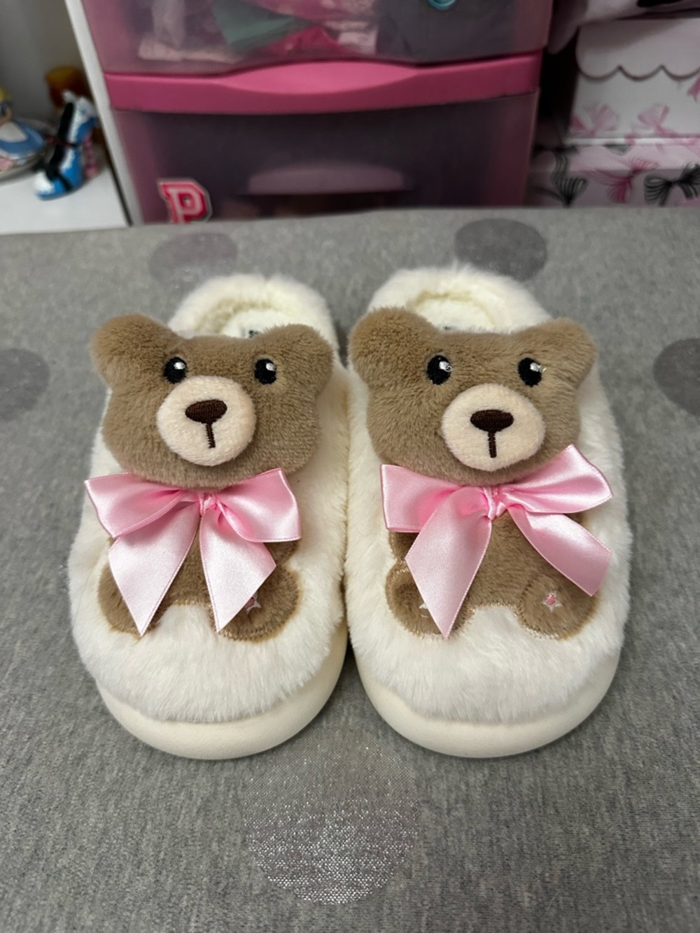 3D Teddy Bear Pink Bow Slippers M (7/8)